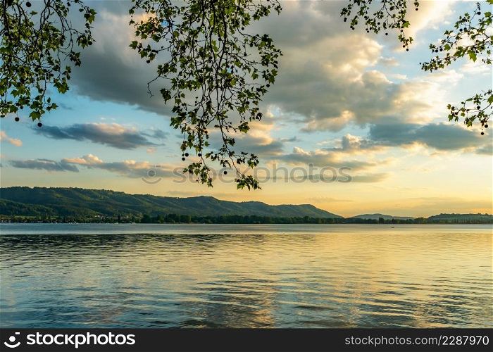 Fantastic golden sunset on beautiful Lake Constance