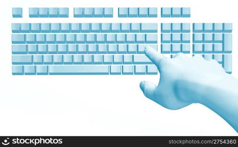 Fantastic hand over the computer keyboard. It is isolated on a white background.