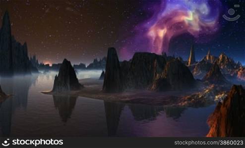 Fantastic landscape: islands and rocks stand among water. The blue being shone fog shrouded the bottom of rocks. Night. In the star sky the bright nebula and the moon rise over the horizon.