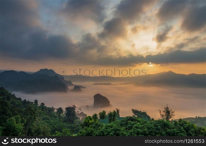 Fantastic Landscape of Misty Mountain over Phu Lanka mountain hills, Phayao province, north of Thailand.
