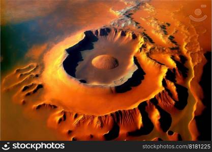 Fantastic mars landscape aerial top view. Concept of rough surface of red planet atmosphere. Finest generative AI.. Fantastic mars landscape aerial top view.