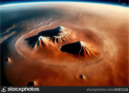 Fantastic mars landscape aerial top view. Concept of rough surface of red planet atmosphere. Finest generative AI.. Fantastic mars landscape aerial top view.