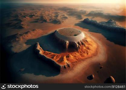 Fantastic mars landscape aerial top view. Concept of rough surface of red planet atmosphere. Finest generative AI.. Fantastic mars landscape aerial top view.