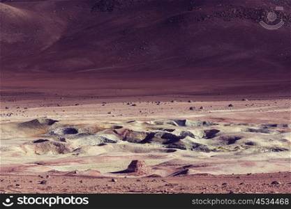 Fantastic Southamerican landscapes.Deserts,volcanoes,geysers. Geyser Sol de Manana, Bolivia.