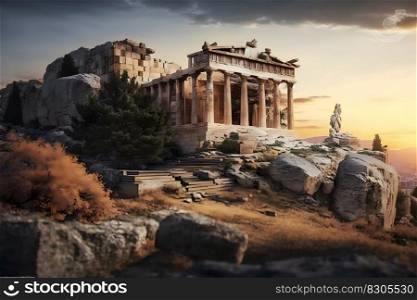 Fantasy Athens landmark Acropolis and the Odeon of Herodes Atticus, Herodeion, just after the sunrise. Neural network AI generated art. Fantasy Athens landmark Acropolis and the Odeon of Herodes Atticus, Herodeion, just after the sunrise. Neural network AI generated