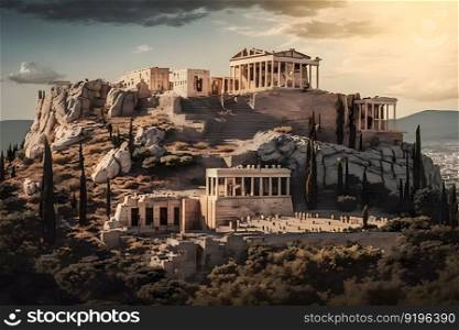 Fantasy Athens landmark Acropolis and the Odeon of Herodes Atticus, Herodeion, just after the sunrise. Neural network AI generated art. Fantasy Athens landmark Acropolis and the Odeon of Herodes Atticus, Herodeion, just after the sunrise. Neural network AI generated