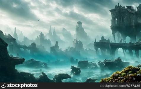Fantasy background of a landscape seashore and ruins, blue tones, 4k, 16 9