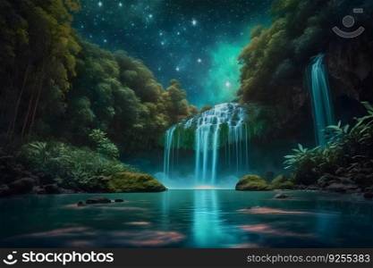 Fantasy beautiful futuristic landscape with a waterfall. Neural network AI generated art. Fantasy beautiful futuristic landscape with a waterfall. Neural network AI generated