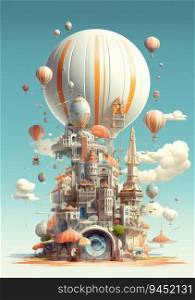 Fantasy castle in the clouds with ballon. AI Generative