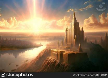 Fantasy city floating in the sky, surrounded by mountains and a river. Ancient castle in morning sun rays. Generated AI. Fantasy city floating in the sky, surrounded by mountains and a river. Ancient castle in morning sun rays. Generated AI.