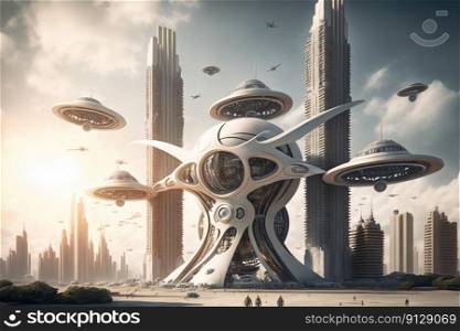 Fantasy city of the future. Futuristic world. Flying drones. Generative AI. Fantasy city of the future. Futuristic world. Flying drones. Generative AI.