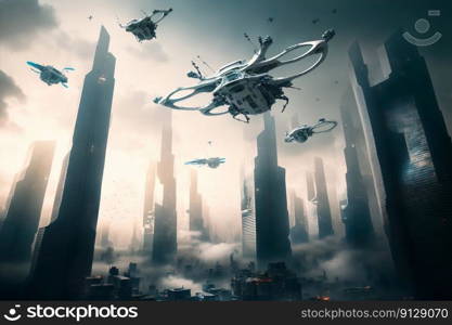 Fantasy city of the future. Futuristic world. Flying drones. Generative AI. Fantasy city of the future. Futuristic world. Flying drones. Generative AI.