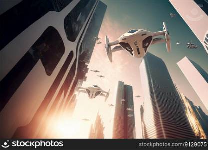 Fantasy city of the future. Futuristic world. Flying drones. Generative AI. Fantasy city of the future. Futuristic world. Flying drones. Generative AI.