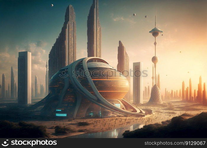 Fantasy city of the future. Futuristic world. Generative AI. Fantasy city of the future. Futuristic world. Generative AI.