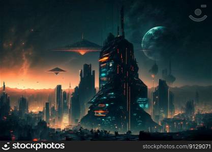 Fantasy city of the future. Futuristic world. Night view, neon lights. Generative AI. Fantasy city of the future. Futuristic world. Night view, neon lights. Generative AI.