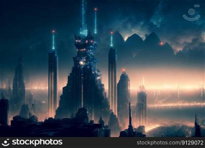 Fantasy city of the future. Futuristic world. Night view, neon lights. Generative AI. Fantasy city of the future. Futuristic world. Night view, neon lights. Generative AI.