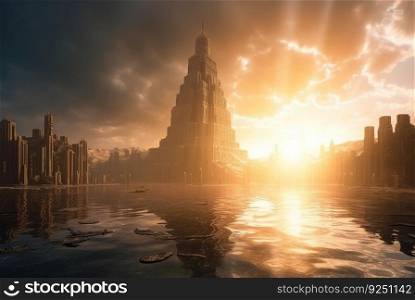 Fantasy city surrounded by river on the sunny landscape. Ancient castle in morning sun rays. Generated AI. Fantasy city surrounded by river on the sunny landscape. Ancient castle in morning sun rays. Generated AI.