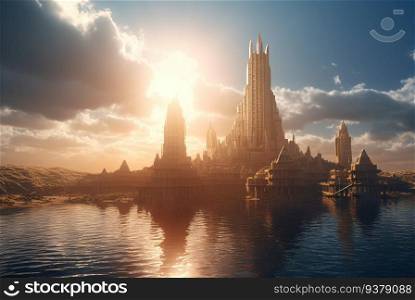 Fantasy city surrounded by river on the sunny landscape. Ancient castle in morning sun rays. Generated AI