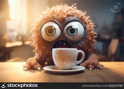 Fantasy coffee monster with crazy eyes. Sponge splash. Generate Ai. Fantasy coffee monster with crazy eyes. Generate Ai