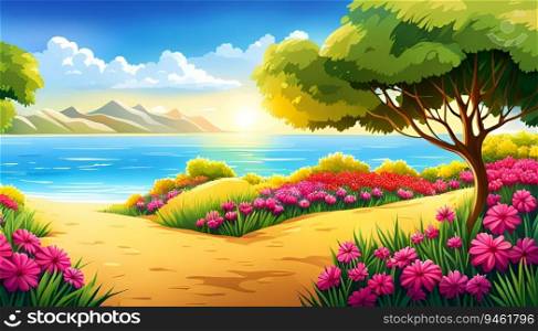Fantasy colorful landscape with lake, flowers and tree by day - AI generated. 