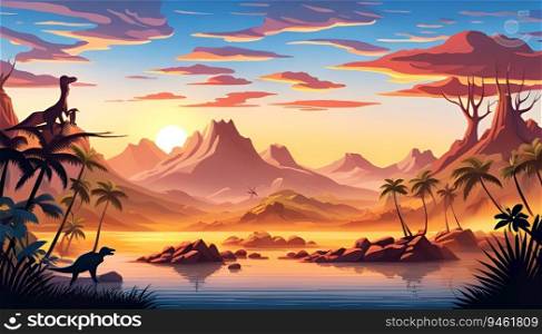 Fantasy colorful prehistoric desert landscape with lake and mountain by sunset - AI generated. Fantasy colorful prehistoric desert landscape with lake and mountain - AI generated