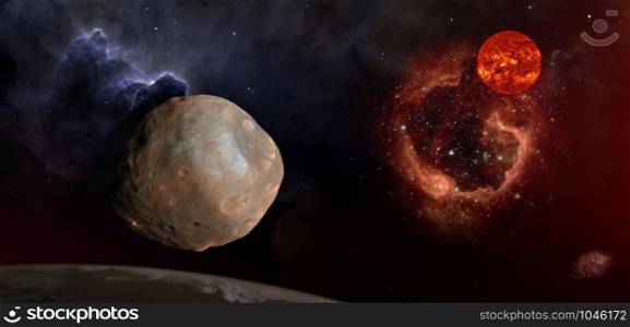Fantasy composition of Phobos, the satellite of Mars. The old Sun shines over the RCW 79 nebula in the Centaurus constellation. Elements of this image furnished by NASA.