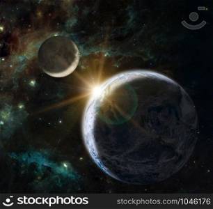Fantasy composition of the planet Earth and his natural satellite the Moon on a background showing the Swan Winging in the Cygnus constellation. Elements of this image furnished by NASA.