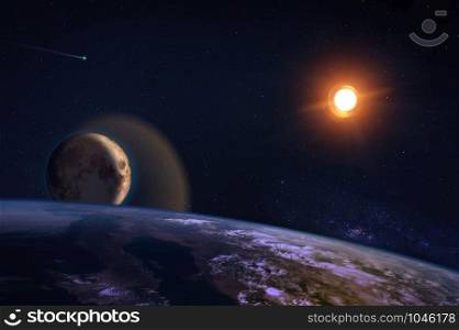 Fantasy composition of the planet Earth and his natural satellite, the Moon, with a shiny Sun on a starry sky. Elements of this image furnished by NASA.