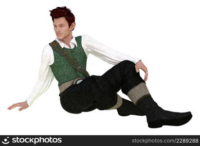Fantasy creature elf, fae or leprechaun man with dark red hair wears vintage outfit, 3D Illustration.