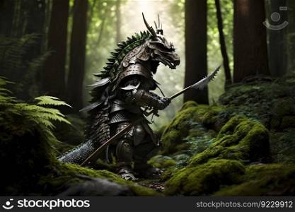 Fantasy dragon samurai in the forest. Neural network AI generated. Fantasy dragon samurai in the forest. Neural network AI generated art