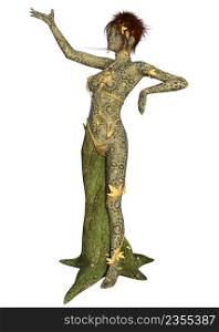 Fantasy dryad woman with tree trunk leg, 3d Illustration.