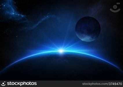 Fantasy Earth and Moon in deep space with sunrise