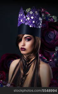 Fantasy. Fanciful Woman in Unusual Art Stylized Crown