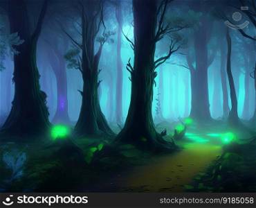 Fantasy forest scene with shimmering lights in the evening. Generative AI.