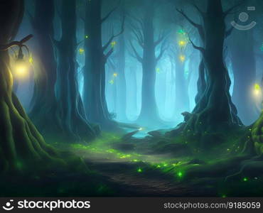 Fantasy forest scene with shimmering lights in the evening. Generative AI.