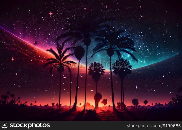 Fantasy futuristic night landscape with palm trees. Neural network AI generated. Fantasy futuristic night landscape with palm trees. Neural network AI generated art