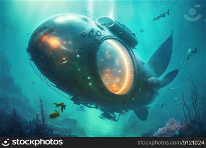 Fantasy futuristic submarine sails underwater. Generative AI