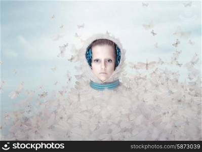 Fantasy. Futuristic Woman with Flying Butterflies