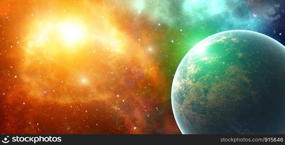 Fantasy Galactic planets system universe in space. Future Science and Nature concept. Galaxy and Alien theme. Greenhouse effect. Elements of this image furnished by NASA. 3D illustration rendering