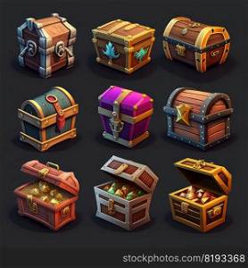fantasy game treasure chest ai generated. lock element, ancient object, ui trunk fantasy game treasure chest illustration. fantasy game treasure chest ai generated