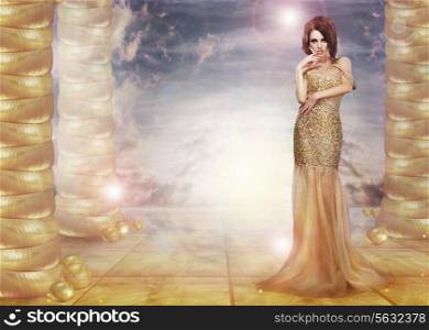 Fantasy. Glam. Enticing Lady in Stylish Dress over Abstract Background