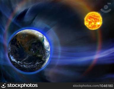 Fantasy image of the planet Earth orbiting close to the Sun. Elements of this image furnished by NASA