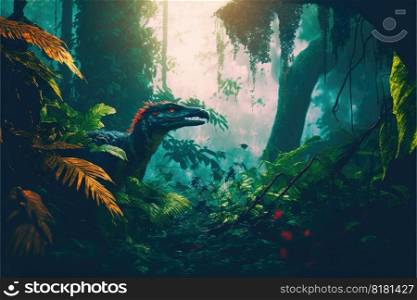 Fantasy in dinosaur or predator in the deep jungle scenery. Concept of prehistoric landscape in the Jurassic period of living life. Finest generative AI.. Fantasy in dinosaur or predator in the deep jungle scenery.