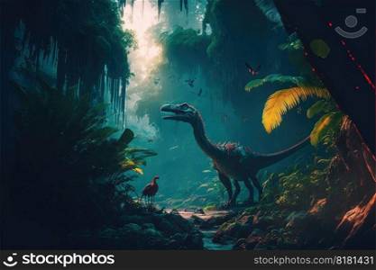 Fantasy in dinosaur or predator in the deep jungle scenery. Concept of prehistoric landscape in the Jurassic period of living life. Finest generative AI.. Fantasy in dinosaur or predator in the deep jungle scenery.