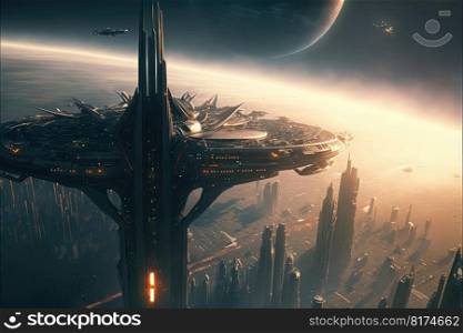 Fantasy in futuristic cityscape with space structure background. Concept of mega advanced technology gaming. Finest generative AI.. Fantasy in futuristic cityscape with space structure background.