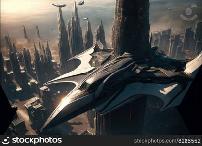 Fantasy in futuristic cityscape with space structure background. Concept of mega advanced technology gaming. Finest generative AI.. Fantasy in futuristic cityscape with space structure background.