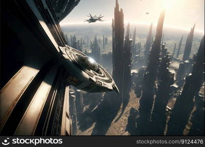 Fantasy in futuristic cityscape with space structure background. Concept of mega advanced technology gaming. Finest generative AI.. Fantasy in futuristic cityscape with space structure background.