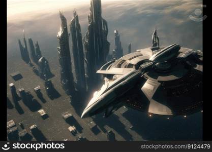 Fantasy in futuristic cityscape with space structure background. Concept of mega advanced technology gaming. Finest generative AI.. Fantasy in futuristic cityscape with space structure background.