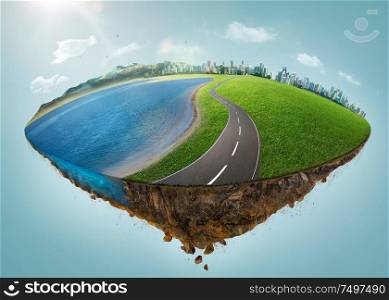 Fantasy island floating in the air with city skyline, green field, lake, mountain and curvy asphalt highway .