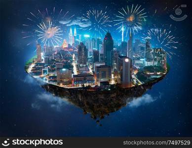 Fantasy island floating in the air with modern city skyline and lake garden, Night scene with firework celebration.